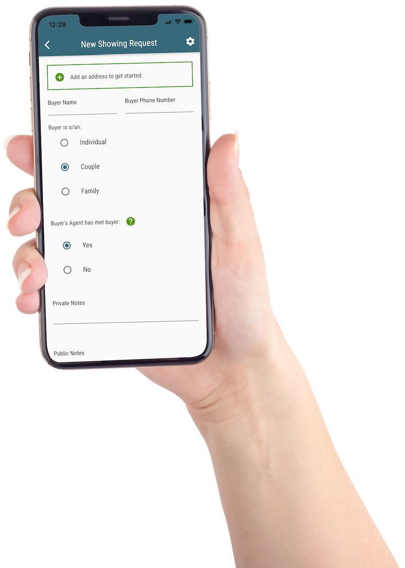Hand holding a phone, displaying the "schedule a showing" feature on Showami