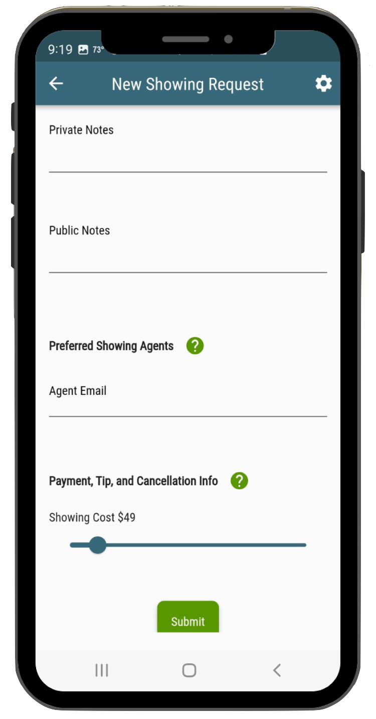 Showami's notes section of the showing request page
