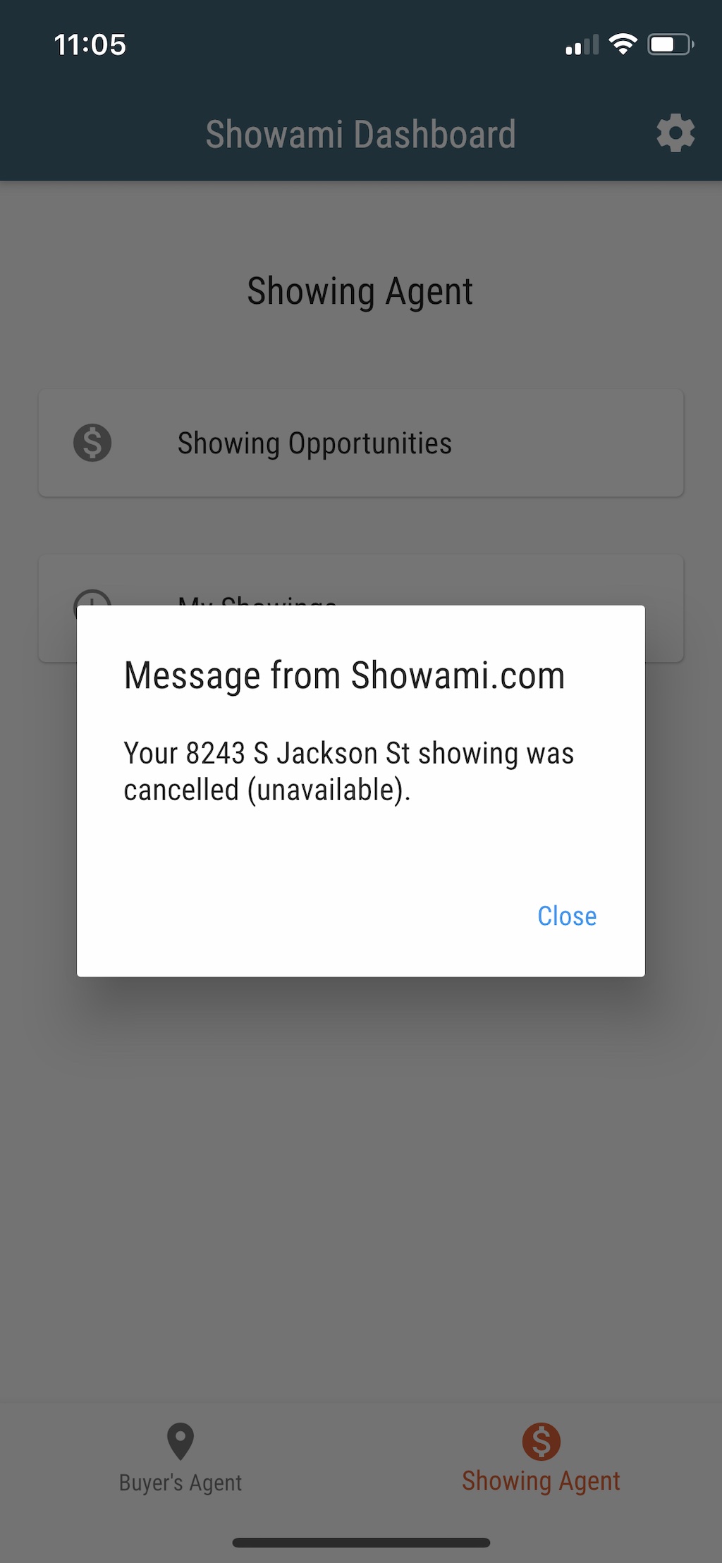 Cancelled showing message in Showami app